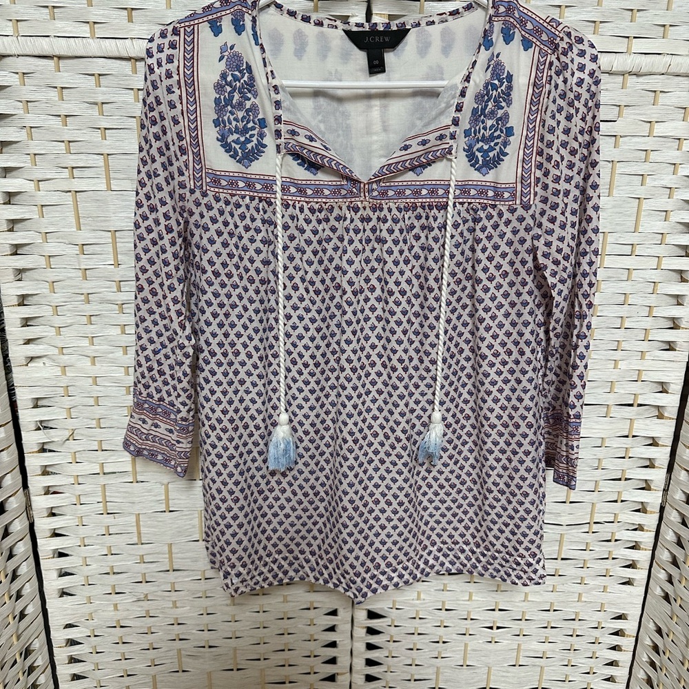 J. Crew Blue and Purple Patterned Blouse Tassels Tie Neckline‎